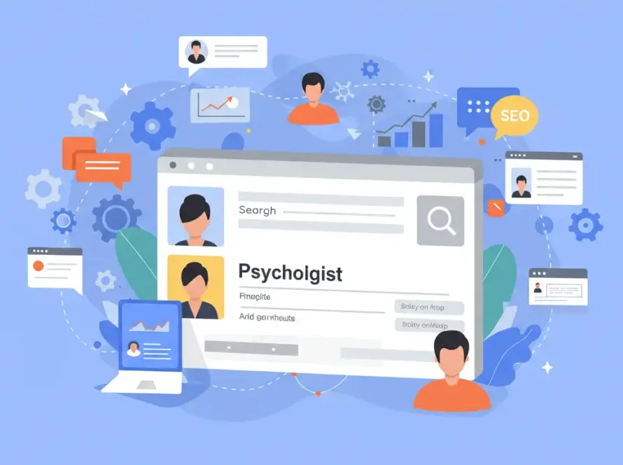 Google arama sonuçlarında üst sıralarda yer alan bir psikolog web sitesini ve etrafında SEO simgelerini (anahtar kelimeler, backlink, grafikler) gösteren modern bir görsel.