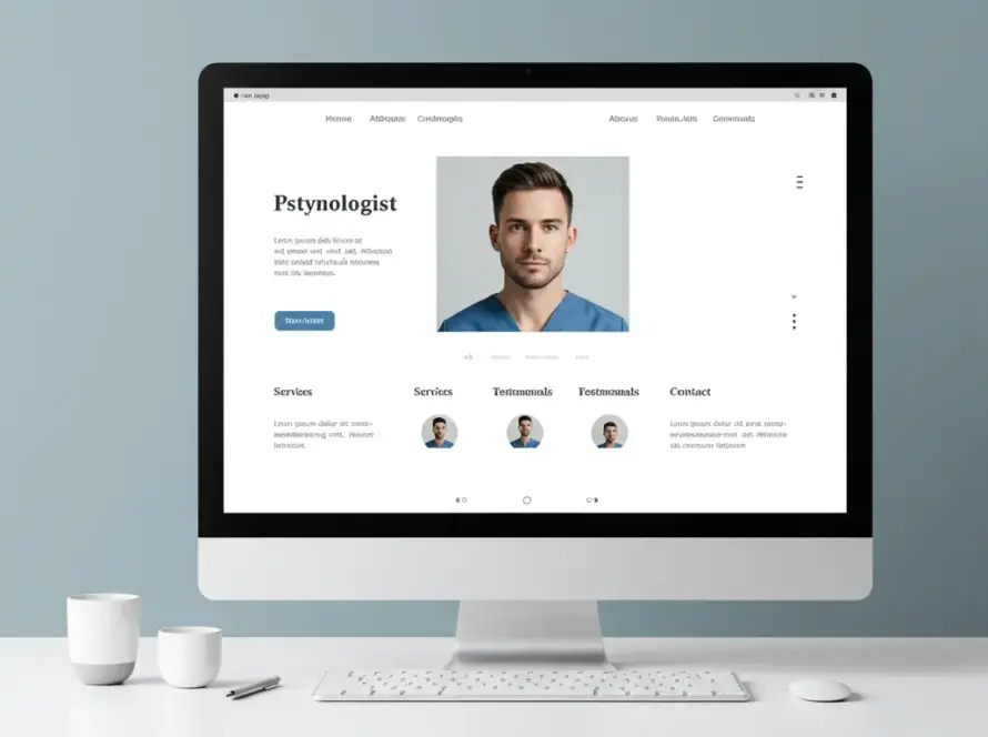 Erkek bir psikolog için tasarlanmış, açık mavi ve beyaz tonlarında modern ve minimalist bir web sitesi ana sayfa tasarımı.